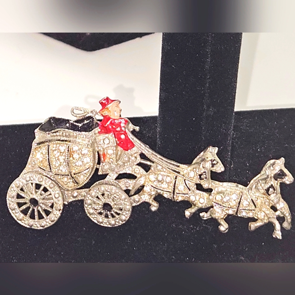 1940's Enamel and Pave Rhinestone Carriage Brooch with Movable Wheels.